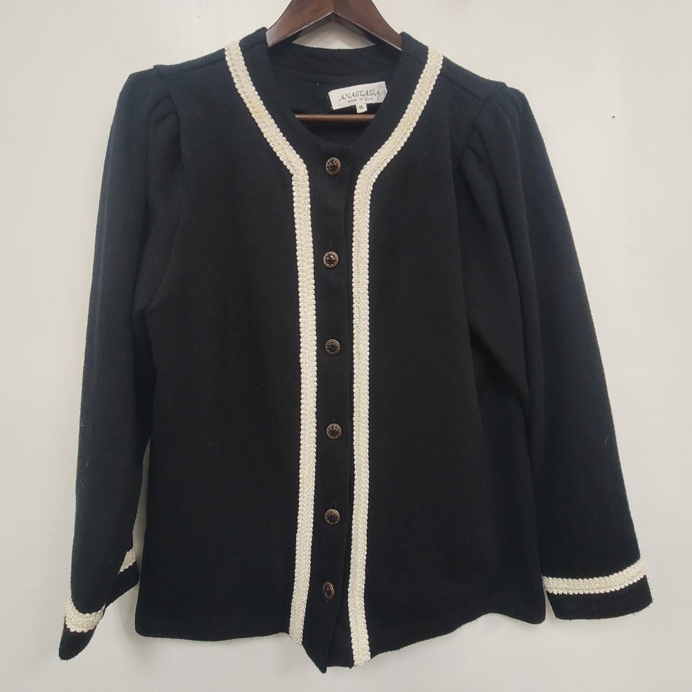 Vintage Anastasia Womens‎ Button Front Old Money Cardigan Size 16 Black White